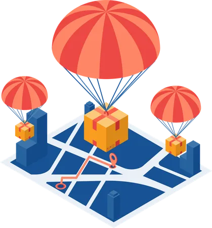 Colis avec parachute sur le plan de la ville  Illustration