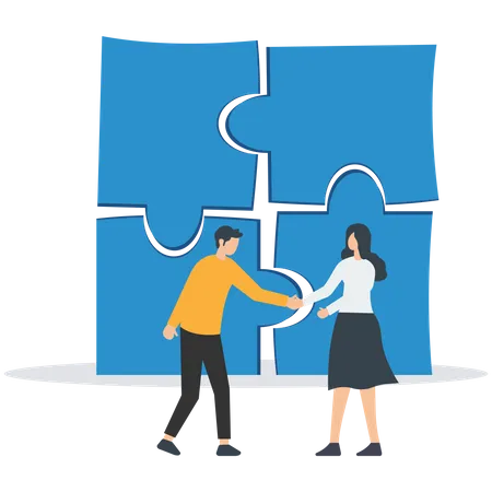 Collaborate, cooperate or partnership and agreement to help business success, together or teamwork support each other concept, success businessmen finish deal and handshake on jigsaw puzzle.  Illustration