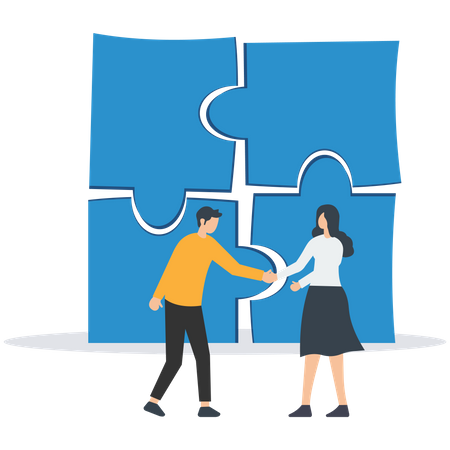 Collaborate, cooperate or partnership and agreement to help business success, together or teamwork support each other concept, success businessmen finish deal and handshake on jigsaw puzzle.  Illustration