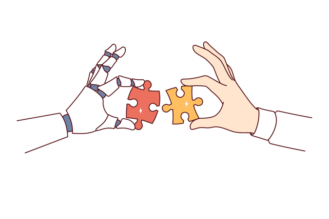 Collaboration between robot and human performing same task and holding pieces of puzzle in hands  Illustration