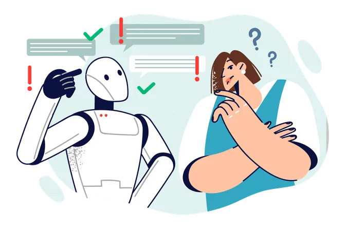 Collaboration Between Robot And Person To Jointly Brainstorm And Find Solution To Problem Woman Office Worker Stands Near Robot And Feels Pressure Of Artificial Intelligence Technology Illustration