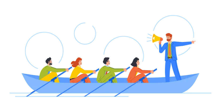 Collaboration Of People In Boat Rowing In Unison With Coordinated Efforts Towards Common Goal Illustration