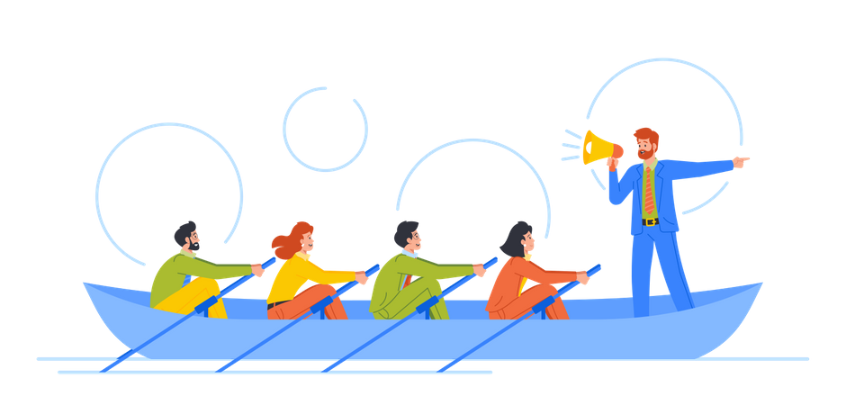 Collaboration Of People In Boat Rowing In Unison With Coordinated Efforts Towards Common Goal  Illustration