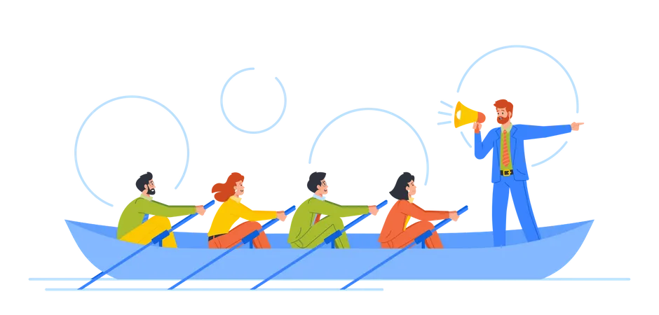 Collaboration Of People In Boat Rowing In Unison With Coordinated Efforts Towards Common Goal  Illustration