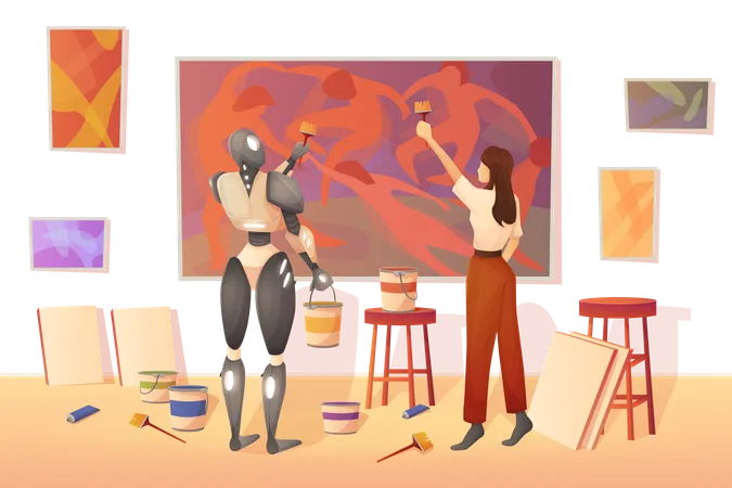 Collaboration Work Between AI And Human To Generate Art Content Vector Illustration Cartoon Robot And Human Painters Team Holding Paintbrushes To Paint Image Together In Modern Studio Interior Illustration