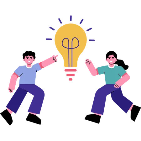 Collaborative Brainstorming Two Individuals Their Hands Outstretched Reach For A Glowing Light Bulb At The Center Illustration