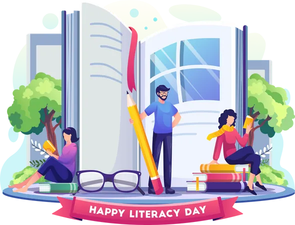 Collage graduates celebrating world literacy day  Illustration