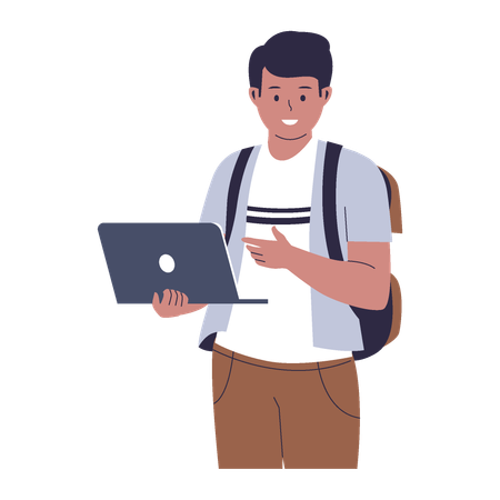 Collage student holding laptop while pointing it  Illustration