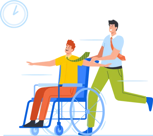 Colleague Rolling Person In Wheelchair Around The Office Business People Have Fun And Laugh Male Characters Working And Spending Time Together Rejoice And Fooling Cartoon People Vector Illustration Illustration