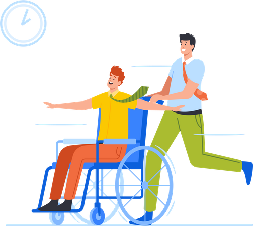 Colleague Rolling Person In Wheelchair  Illustration