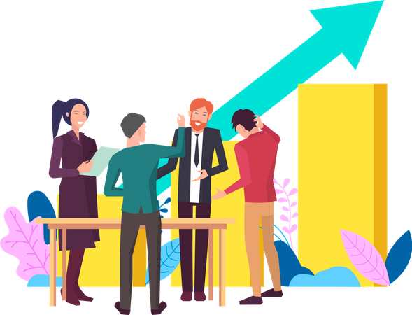 Colleagues analyze report with statistical indicators  Illustration