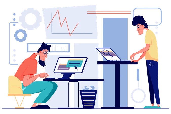 Benchmarking Concept In Flat Cartoon Design Colleagues Analyze Data And Statistics Of Competitors Making Market Research And Develop Business Strategy Vector Illustration With People Scene For Web Illustration