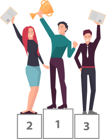 Colleagues celebrate business victory standing on pedestal  Illustration
