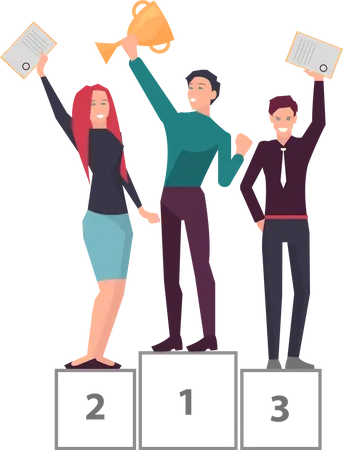 Woman And Men Standing On Pedestal Man Holds Golden Cup Successful Development Of Project Colleagues Celebrate Business Victory Teamwork To Win In Business People Take First Place In Competition Illustration