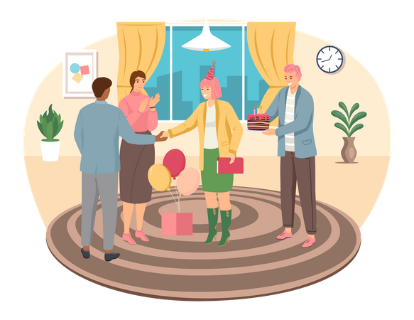 Colleagues celebrating birthday party  Illustration