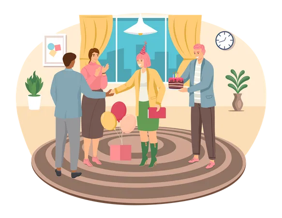 Birthday Party In Office Flat Vector Illustration Workers Organize Holiday Congratulate Boss Interaction Entertainment At Workplace Business Team Giving Gifts Balloonns And Cake To Colleague Illustration