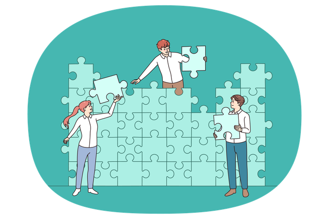 Colleagues connect jigsaw puzzles finding solution  Illustration