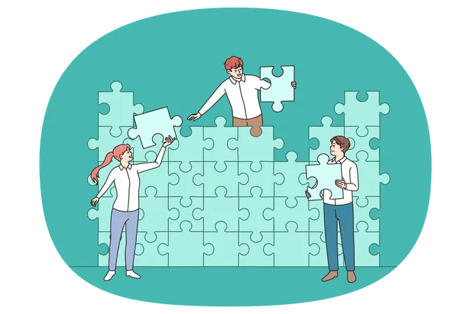 Colleagues connect jigsaw puzzles finding solution  Illustration