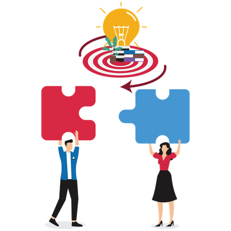 Colleagues connecting two puzzle pieces, representing business partnerships  Illustration