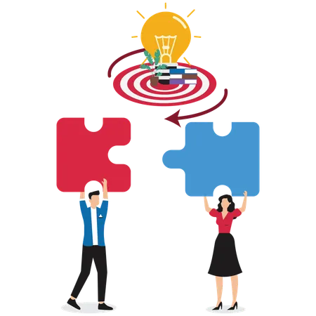 Colleagues connecting two puzzle pieces, representing business partnerships  Illustration