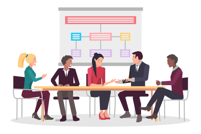 Colleagues discuss business strategy during meeting Illustration