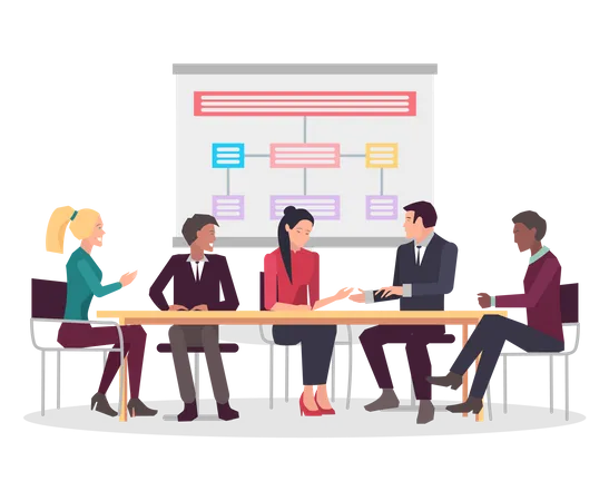 Colleagues discuss business strategy during meeting  Illustration