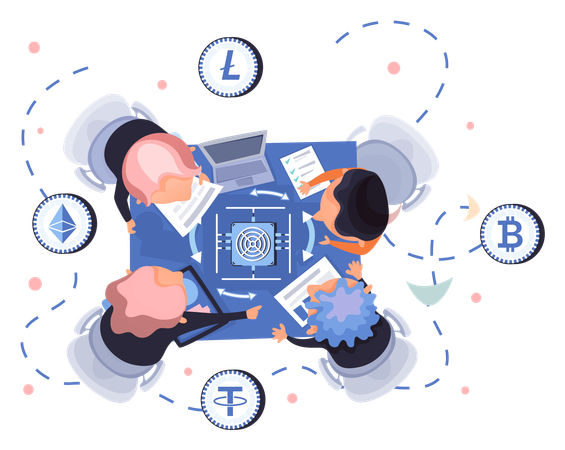 Colleagues discuss cryptocurrency market analytics  Illustration