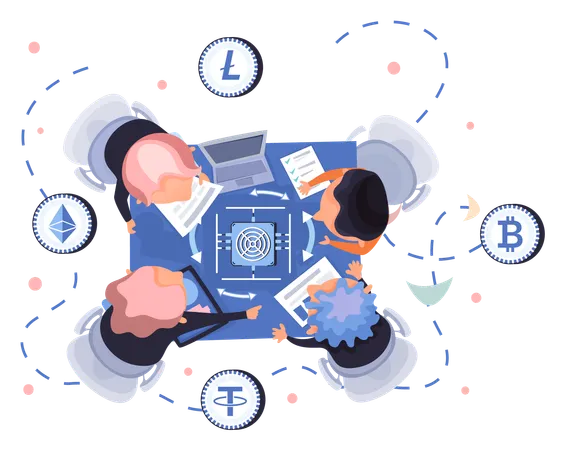 Colleagues discuss cryptocurrency market analytics  Illustration