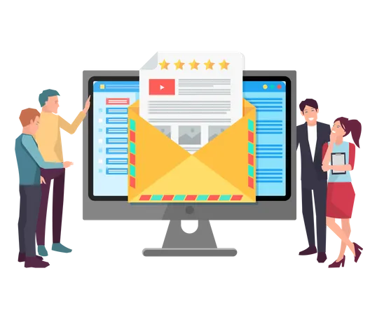 Rating On Customer Service Concept Five Stars Rating On Paper Letter In Open Envelope People Working With Website For Rating And Review On Monitor Colleagues Discuss Customer Support Feedback Illustration