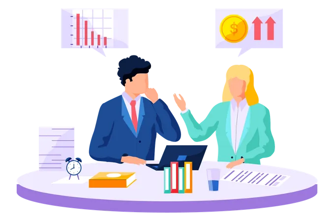 Project Strategy Planning Meeting Teamwork With Analysis Of Data Colleagues Discussing Business Development Idea Business Man And Woman Plan To Increase Income Of Company Statistical Indicators Illustration