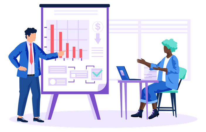 Colleagues discussing business issues on chart  Illustration