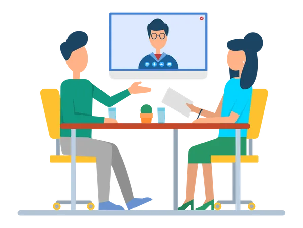 Video Conference Meeting Concept Workers Of Office Talking To Boss By Video Call Colleagues Discussing Problems Of Projects And Development Website Or Webpage Template Landing Page Flat Style Illustration