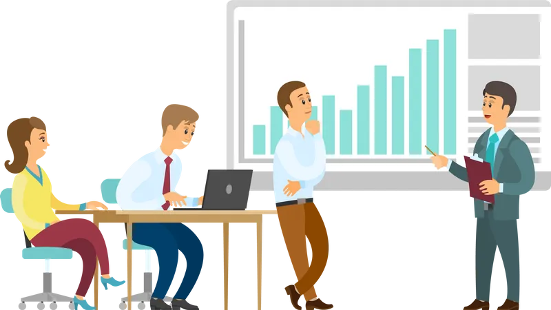Man And Woman Discussing Work Presenter Showing Graph Report Man Presenting Board With Chart People Communication With Laptop Company Investment Vector Illustration
