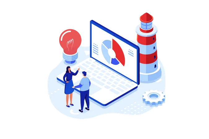 Colleagues Discussing Near Laptop With Lighthouse And Lightbulb Business Vision Concept Isometric Vector Illustration Development Of Commercial Enterprise Cartoon Character Colour Composition Illustration