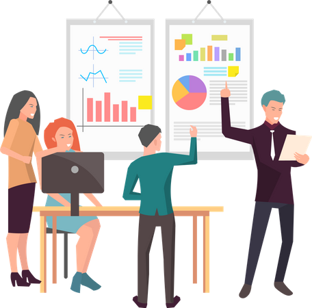 Colleagues discussing on analysis chart  Illustration