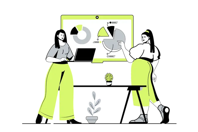 プレゼンテーションボードで仕事の財務データについて議論する同僚  イラスト