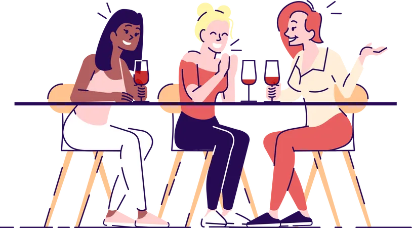 Girls Relax With Wine Flat Vector Illustrations Young Ladies With Wine Glasses Sitting At Table Women Chatting Gossiping Isolated Cartoon Characters With Outline Elements On White Background Illustration
