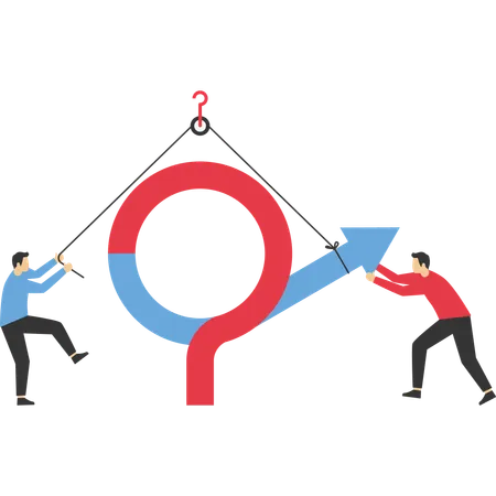 Teamwork To Solve Business Problem Colleagues Help Put Solution Arrow On Question Mark Problem Sign Illustration