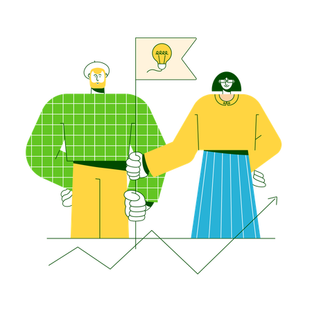 Colleagues hold up a flag with an idea  Illustration