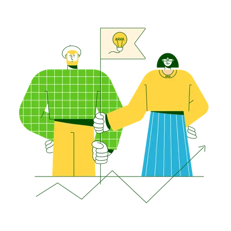 Colleagues hold up a flag with an idea  Illustration
