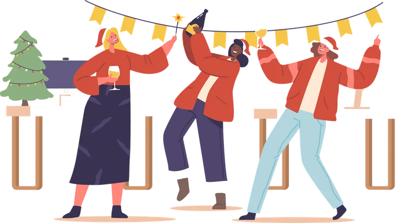 Elegant Colleagues In Stylish Festive Attire Laugh And Fun At Corporate Christmas Party With Champagne And Sparkler Characters Fostering A Joyful Spirit Of Celebration And Unity Vector Illustration Illustration