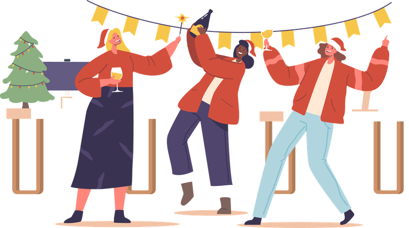 Colleagues In Christmas Party with Champagne and Sparkler  Illustration