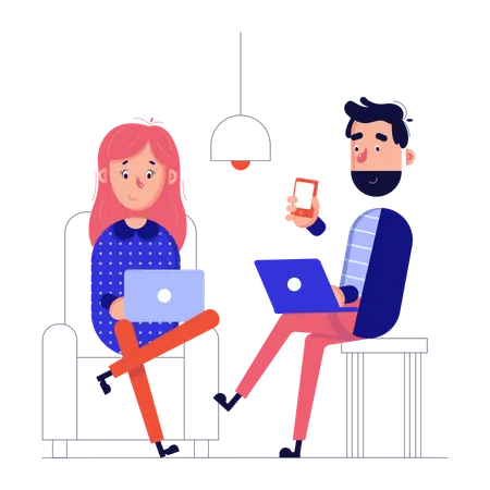 Colleagues in the office work at laptops Illustration