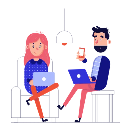 Colleagues in the office work at laptops  Illustration