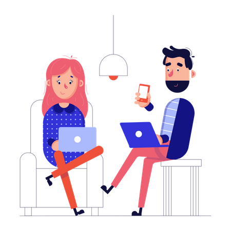 Colleagues in the office work at laptops  イラスト