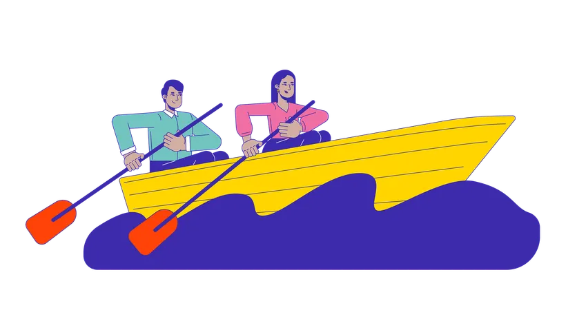 荒れた海を渡ってボートを漕ぐ同僚 2 D 線形漫画キャラクター。ビジネスマンが孤立した線ベクトル人を白い背景にセーリングします。成功したチームワーク カラー フラット スポット イラスト イラスト