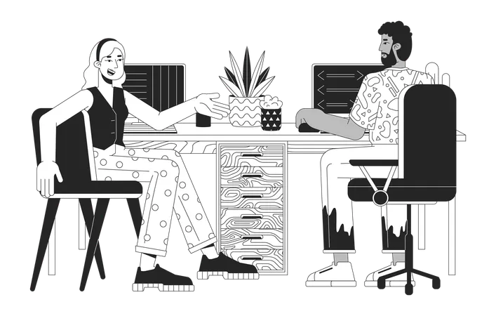 Colleagues Sharing Workplace Black And White 2 D Line Cartoon Characters Multiracial Coworkers Talking In Office Isolated Vector Outline People Developers Work Monochromatic Flat Spot Illustration Illustration