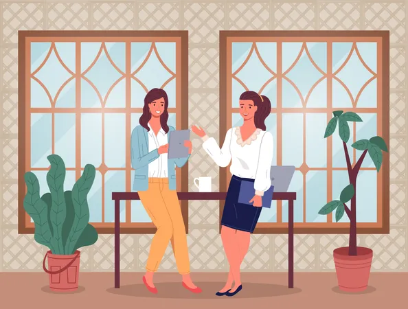 Colleagues smiling woman communicating at work  Illustration