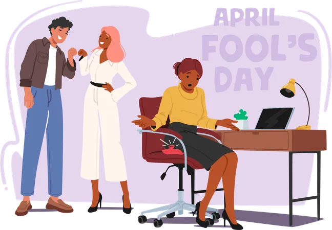 Colleagues Characters Sneakily Placed A Fart Pillow On Their Friend Chair On April Fools Day Eagerly Awaiting The Hilarious Surprise As She Sat Down Cartoon People Vector Illustration Illustration