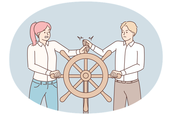 Colleagues steer ship wheel in different directions  Illustration